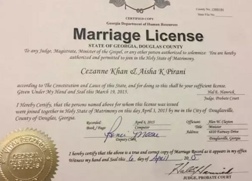 Aisha Pirani and Cezanne Khan's marriage license