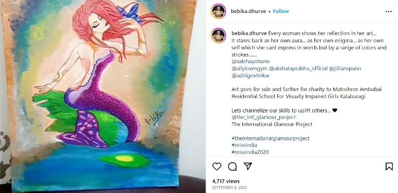 Bebika Dhurve's Instagram post about her artwork that she put on sale for charity to Matoshree Ambubai Residential School for Blind Girls Kalaburagi, Gulbarga, Karnataka