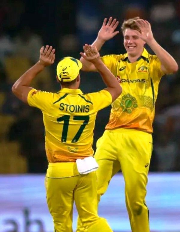 Cameron Green celebrating after taking two wickets in debut t20 match against Pakistan