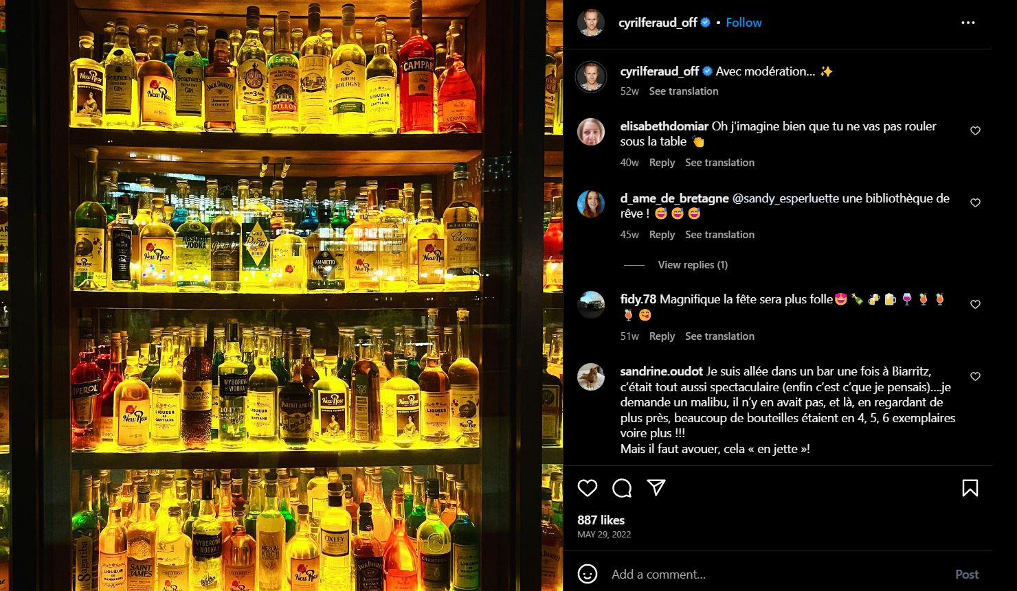 Cyril Féraud's Instagram post talking about consuming alcohol
