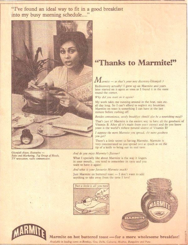 Gitanjali Aiyar featured in a print advertisement for the brand Marmite - the picture was taken on the dining table at her home