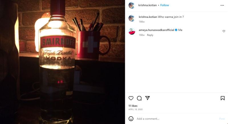 Krishna Kotian's Instagram post about alcohol
