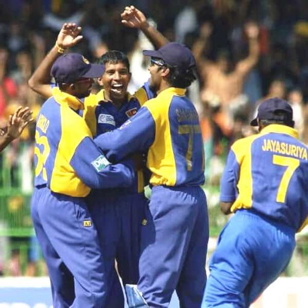 Kumar Dharmasena celebrating his debut ODI wicket with his teammates