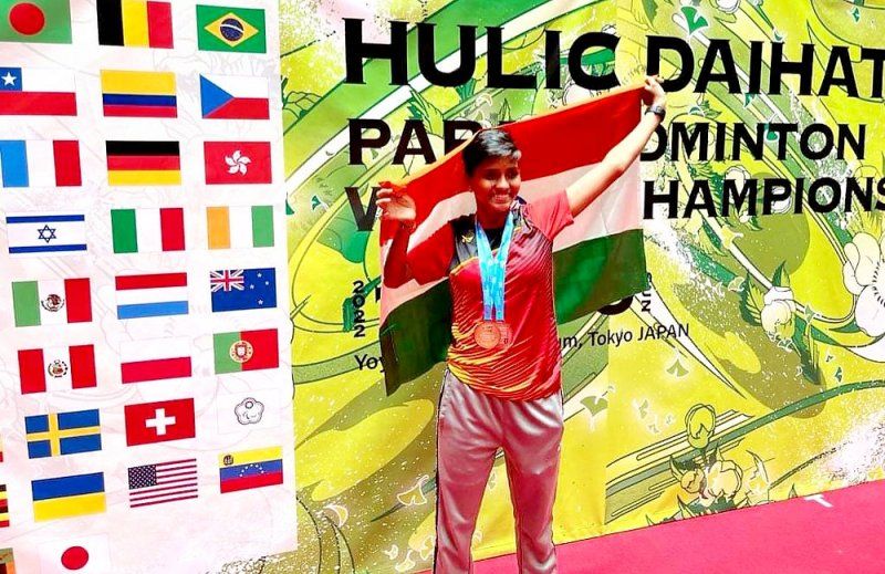 Manisha Ramdass celebrating her win at World Para-Badminton Champioship Tokyo 2022