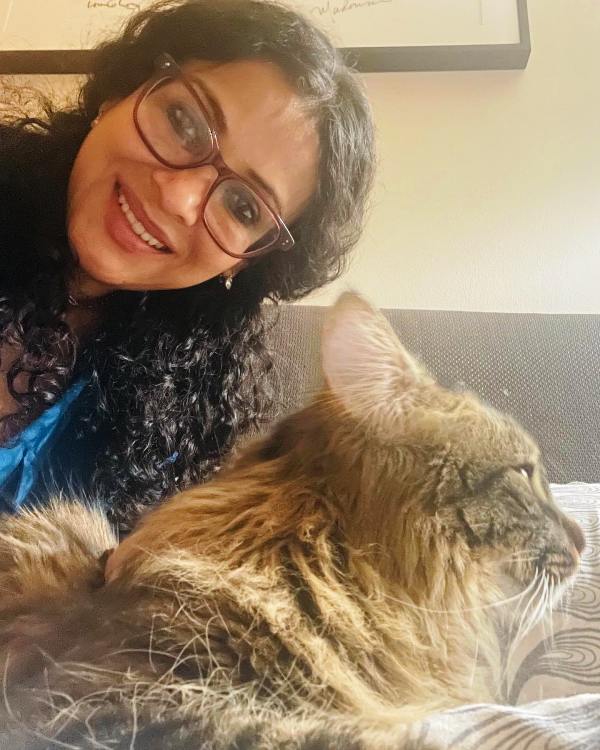 Nandana Sen with her pet cat Lekhika