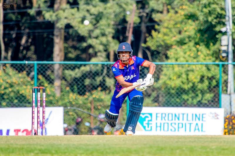 Rohit Paudel playing a T20I match for Nepal