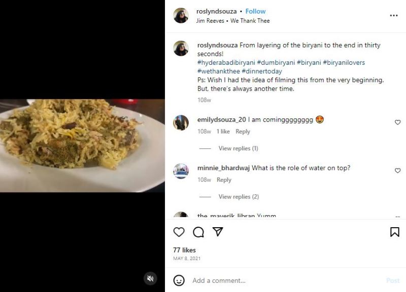 Roslyn D'souza's Instagram post about non-vegetarian Dum Biryani