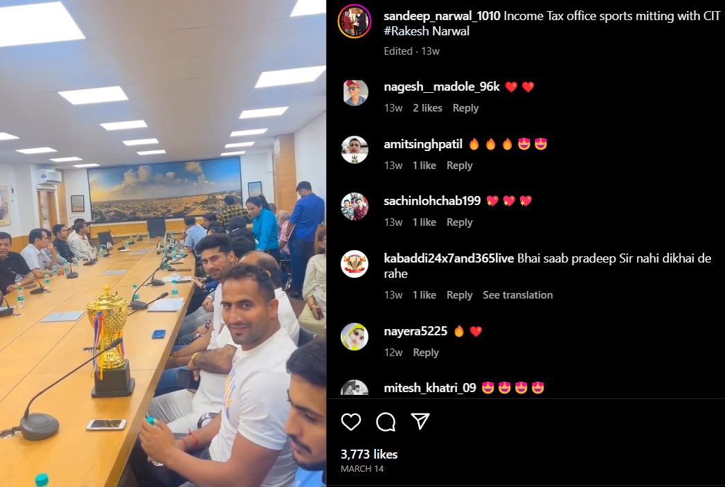 Sandeep Narwal's post about bring in the Income Tax office sports meeting