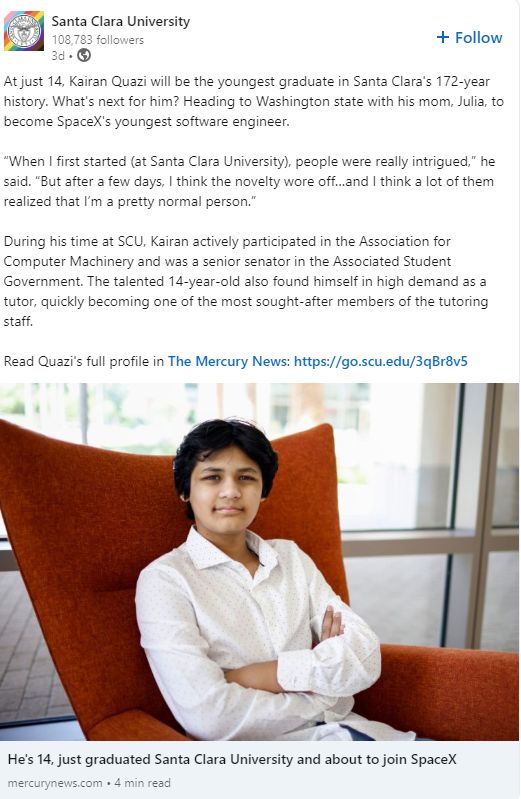 Santa Clara University's post about Kairan Quazi joining Space X