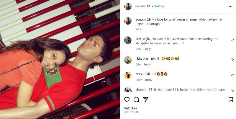 Sonam Bhattacharya's Instagram post in which she could be seen posing with Cristiano Ronaldo's mannequin