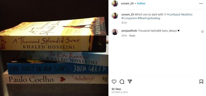 Sonam Bhattacharya's Instagram post showcasing her book collection