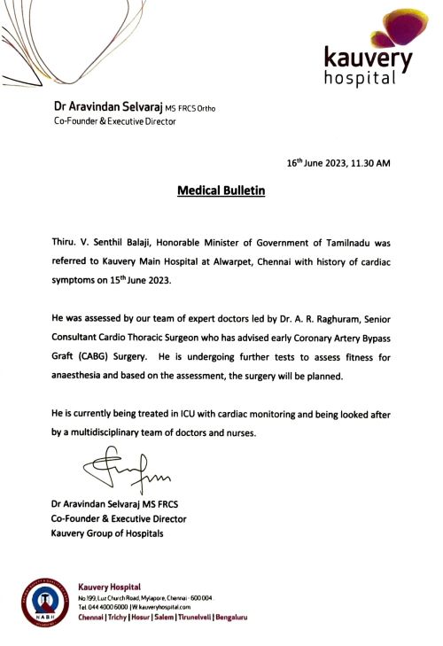 The medical bulletin regarding the health of V. Senthil Balaji