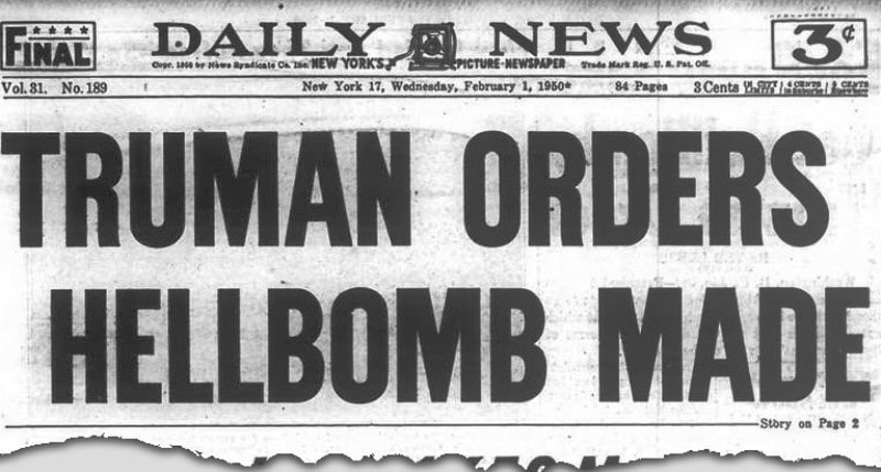 A cutout of the Daily Mail newspaper's headlines announcing President Truman's order to make a Hydrogen bomb