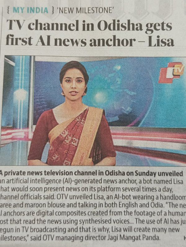 A newspaper cutting about the launch of India's first AI news anchor, Lisa