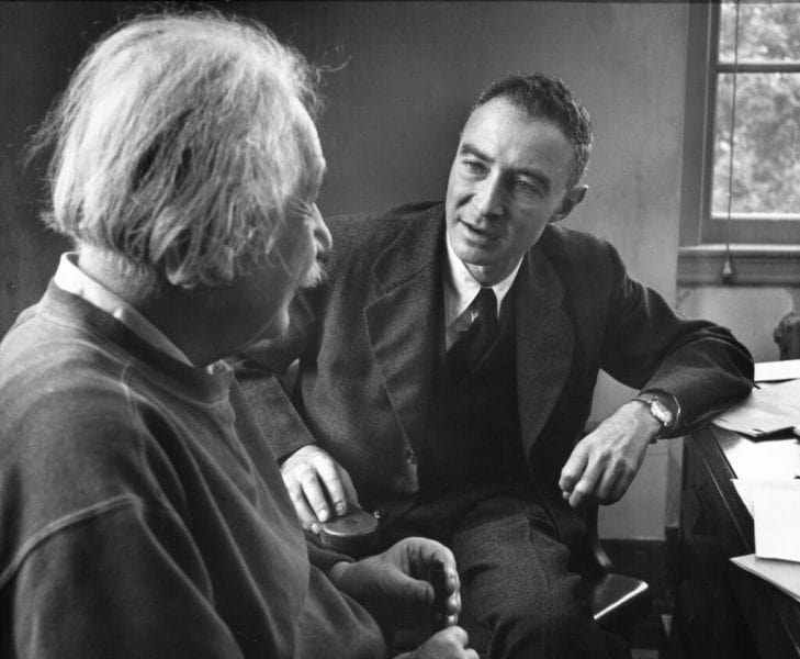 A photo of J. Robert Oppenheimer with Albert Einstein