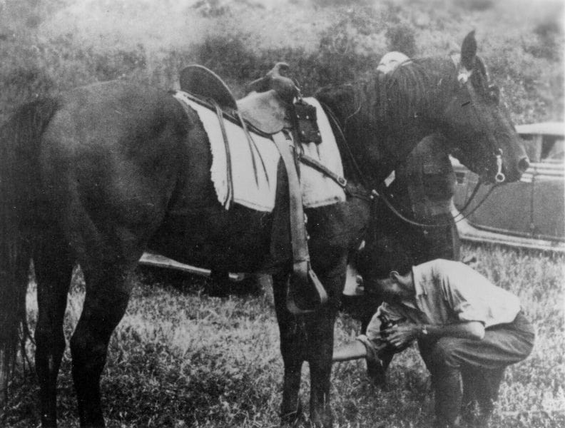 A photo of J. Robert Oppenheimer with his horse Crisis