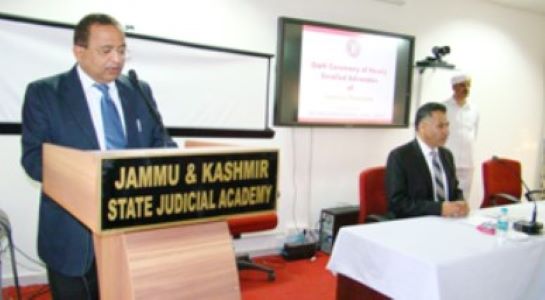 A photo of Justice Aradhe (standing behind the podium) taken while he was serving as the chairman of the Jammu and Kashmir State Judicial Academy