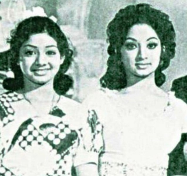 A photo of Lakshmi (right) with Sridevi taken on the sets of the 1975 Hindi film Julie