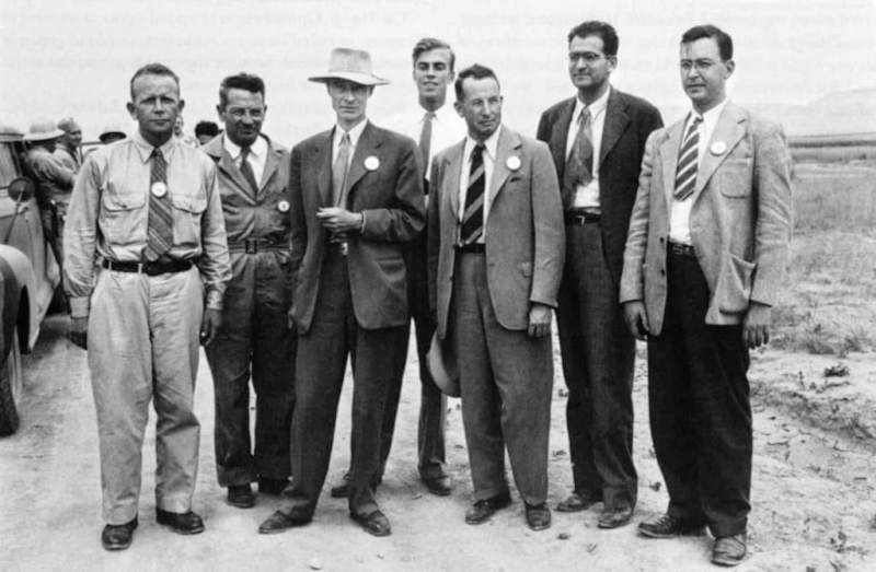 A photo of Oppenheimer (in the hat) taken with his fellow scientists at Los Alamos