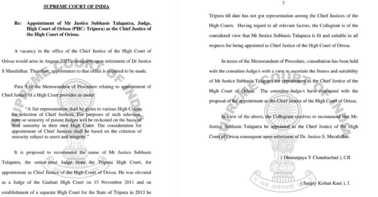 A snippet of the notification issued by the Supreme Court of India regarding Talapatra's recommendation as the Chief Justice of the Orissa High Court
