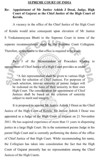 A snippet of the recommendation released by the collegium of the Supreme Court in July 2023