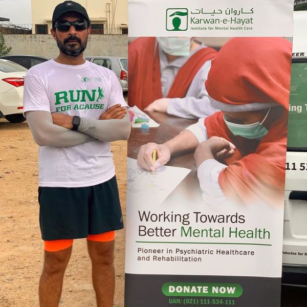 Alyy Khan while promoting mental health at an event organised by a non-profit organisation named Karwan-e-Hayat in Karachi, Pakistan