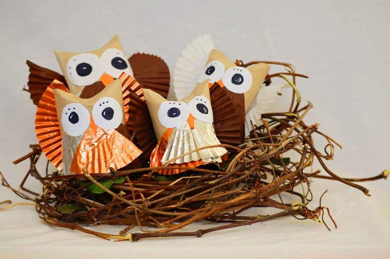 An owl family made by Moksha Roy from waste materials like toilet roll tubes, dry creepers and leaves, and used cupcake cases; this project made her win the runner up prize at the Royal Society for Protection of Birds’ Wild Art 2021 competition