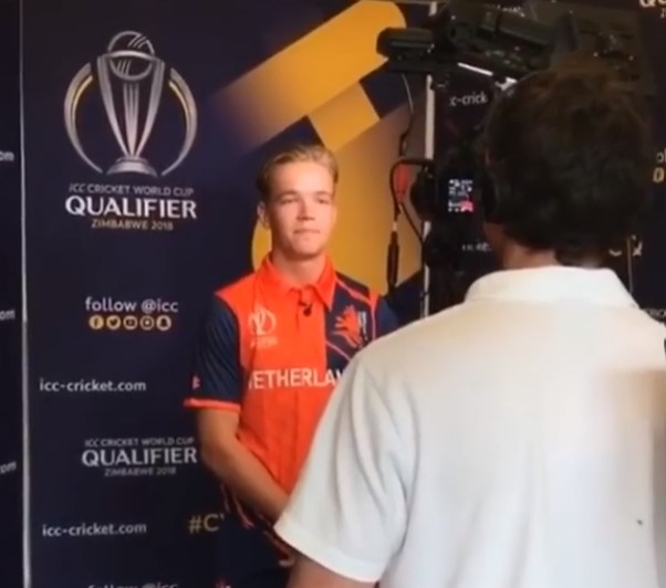 Bas De Leede in 2018 during an interview before a cricket match