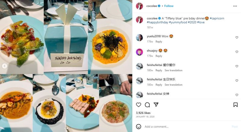 Coco Lee's Instagram post about her pre-birthday dinner
