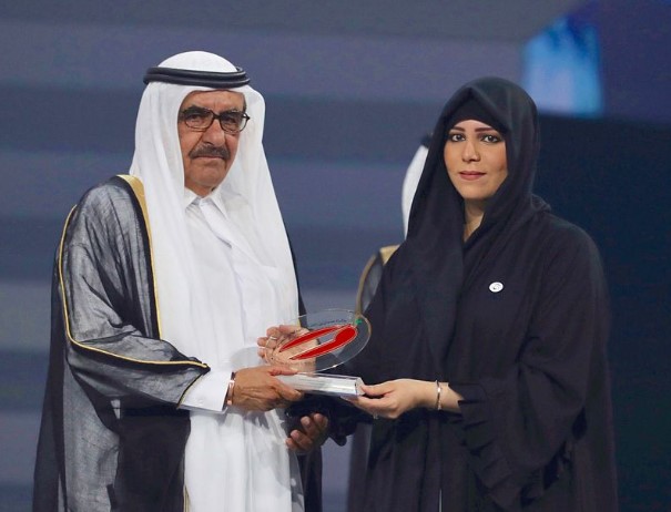 Latifa bint Mohammed Al Maktoum while receiving the Sheikh Hamdan Bin Rashid Al Makkoum Award for outstanding educational performance