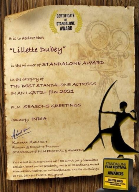 Lillete Dubey's certificate for 'The Best Standalone Actress In An LGBTQ+ Film 2021' Award for the film ‘Seasons Greetings‘