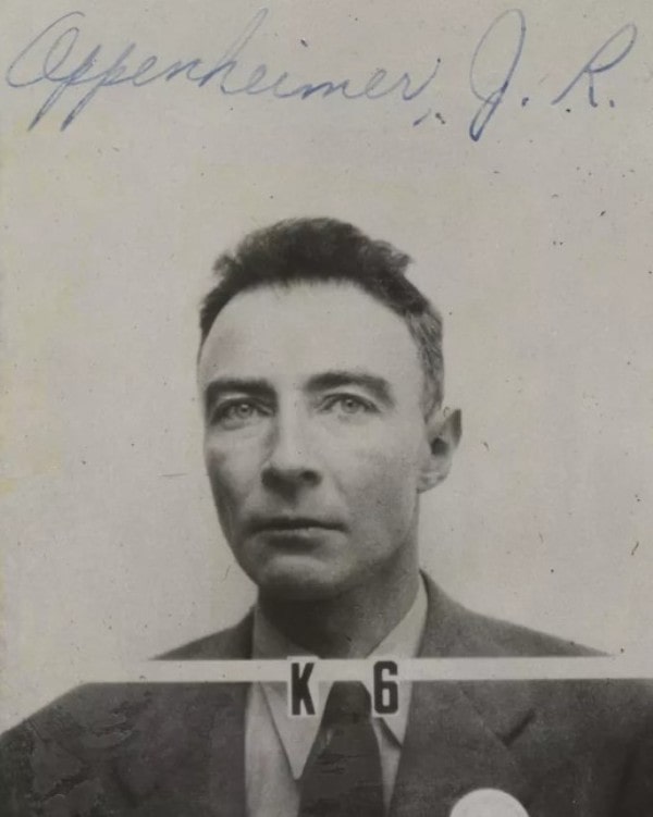 Oppenheimer's security badge's photo taken while he was serving as the director of Los Alamos Lab