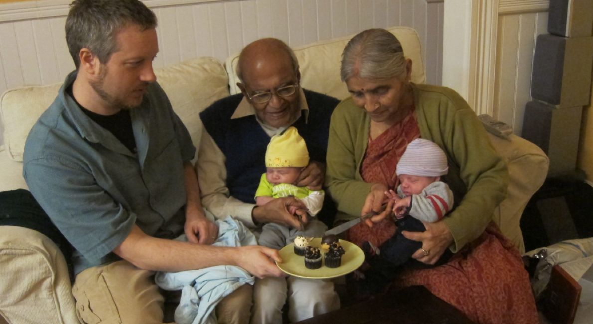 Rashmi Sinha's parents with her children and husband Jonathan Boutelle