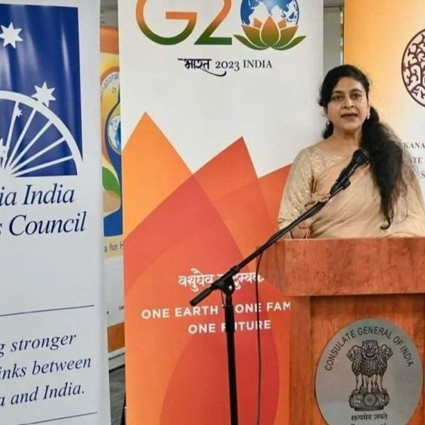 Ritu Maheshwari during a speech at an event related to G20 Summit