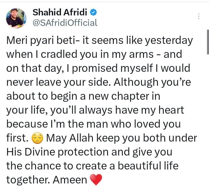 Shahid Afridi's social media message for Aqsa Afridi