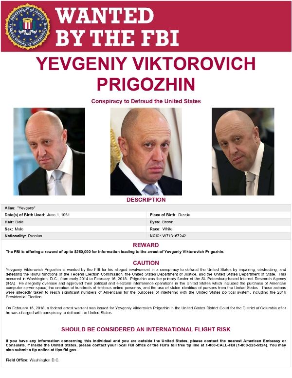 The FBI poster of Yevgeny Prigozhin