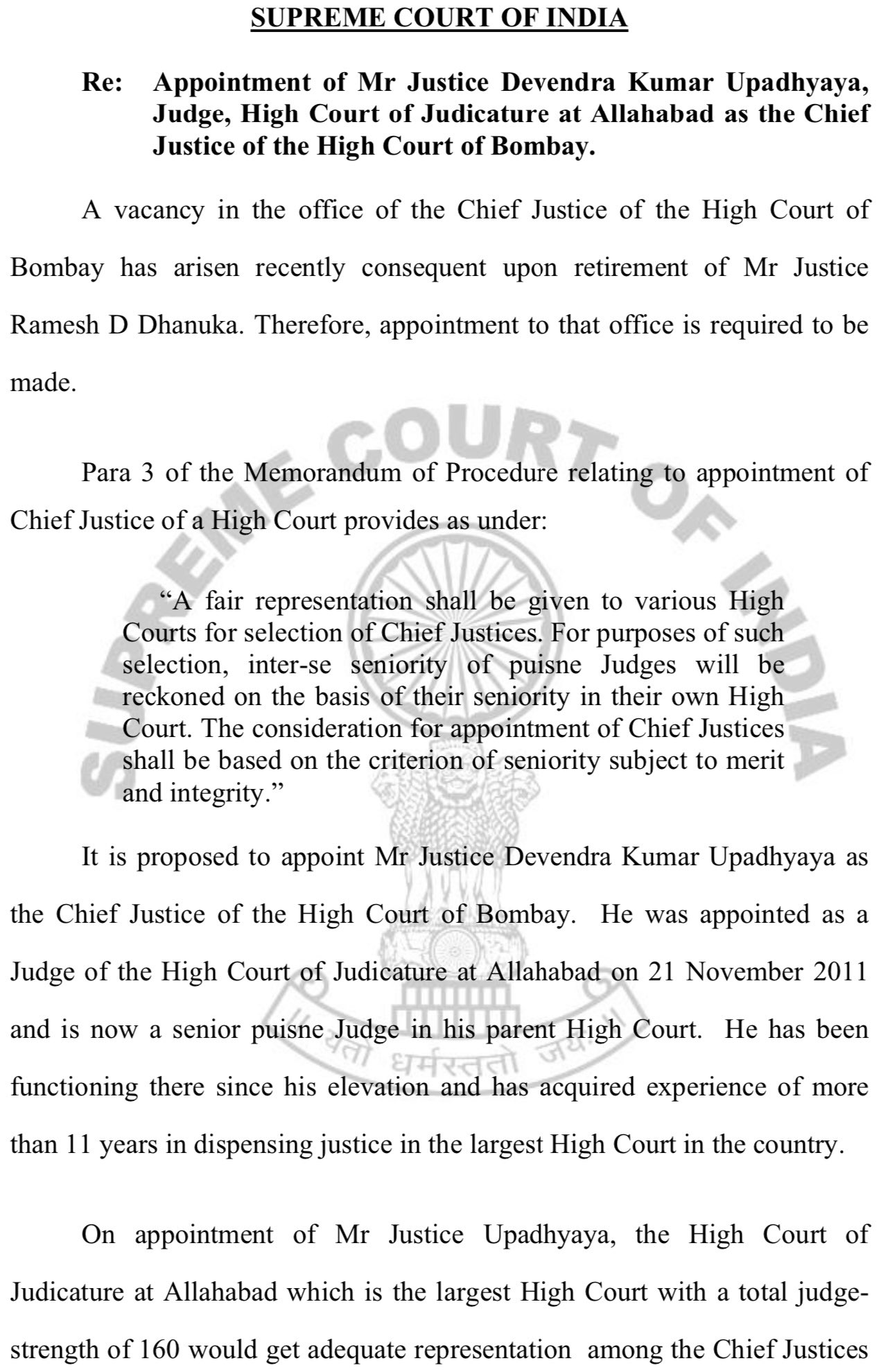 The Supreme Court of India's recommendation letter to appoint Devendra Kumar Upadhyaya as the Chief Justice of Bombay High Court