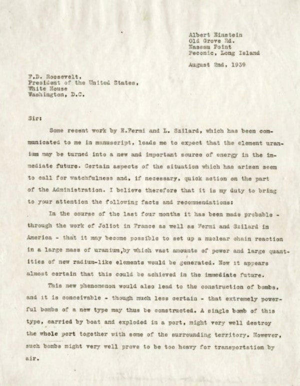 The photo of the letter written by Albert Einstein and Szilárd to the US government