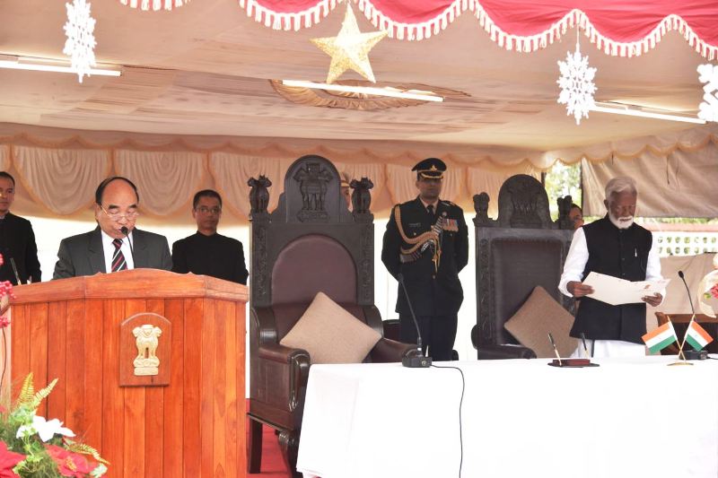 Zoramthanga taking oath as the Chief Minister of Mizoram administered by Governor K Rajasekharan at Raj Bhawan in Aizwal in 2018