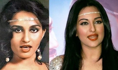 A collage of Reena Roy and Sonakshi Sinha