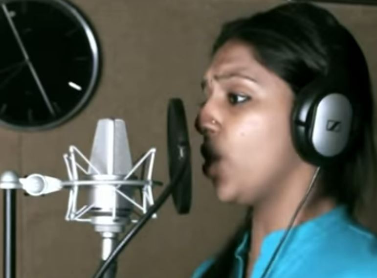 A picture of Lakshmi Menon while recoding for the song Kukkuru Kukkuru