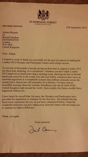 Adnan Hussain's letter from David Cameron
