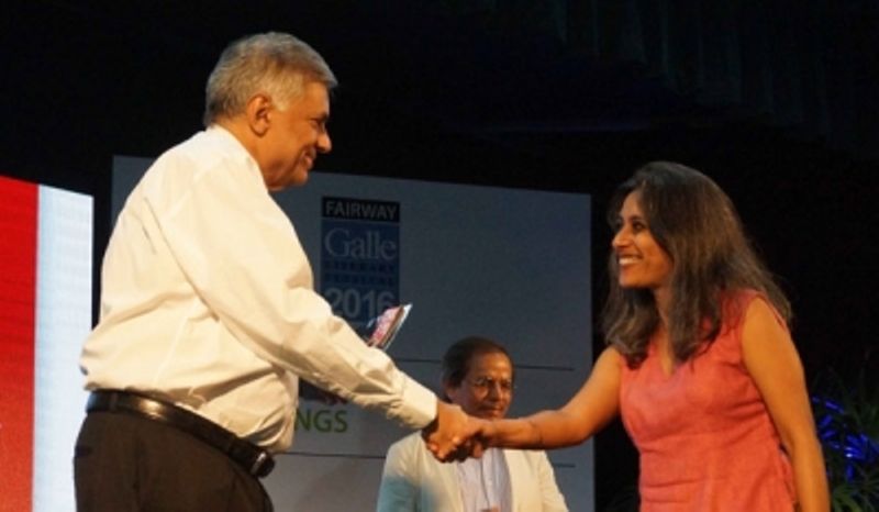 Anuradha Roy receiving DSC Prize for South Asian Literature 2016 at the Fairway Galle Literary Festival in Sri Lanka