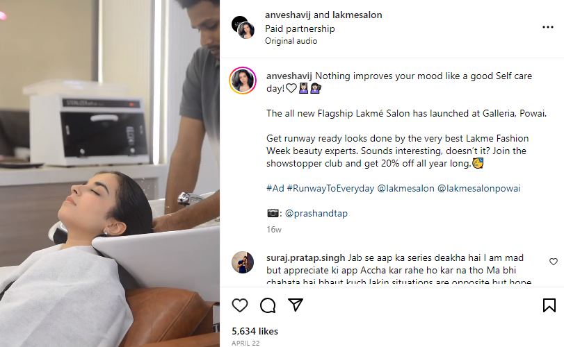 Anvesha Vij endorsing Lakme Salon on Instagram