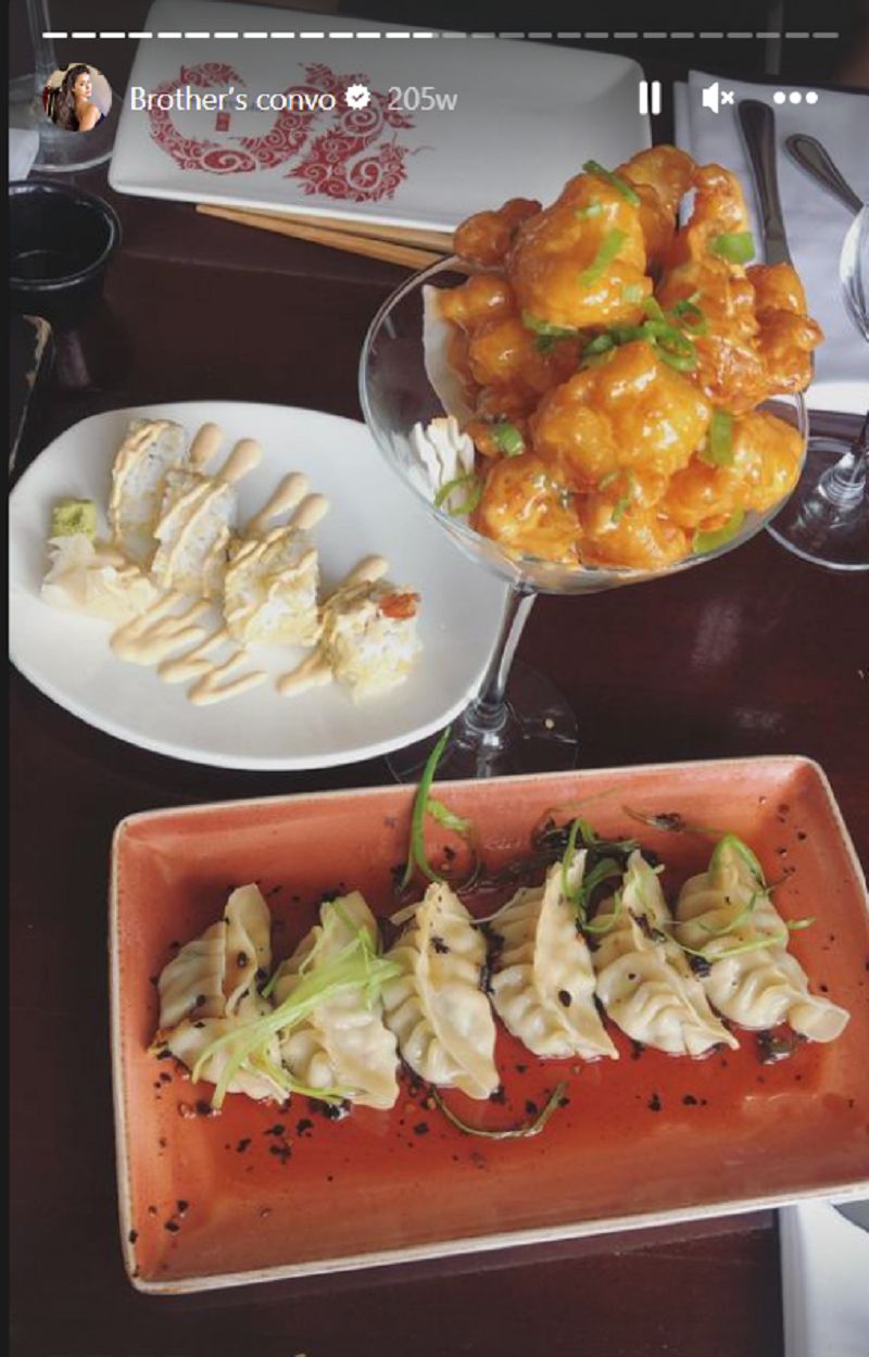Bhaweeka Chaudhary's Instagram story eating sushi and chicken