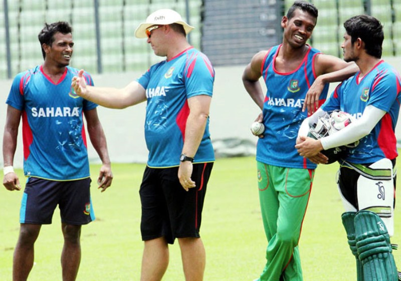 Bowling coach of Bangladesh Cricket team Heath Streak giving tips to the players of Bangladesh Cricket team during a practice session at the Sher-e-Bangla National Cricket Stadium in Mirpur
