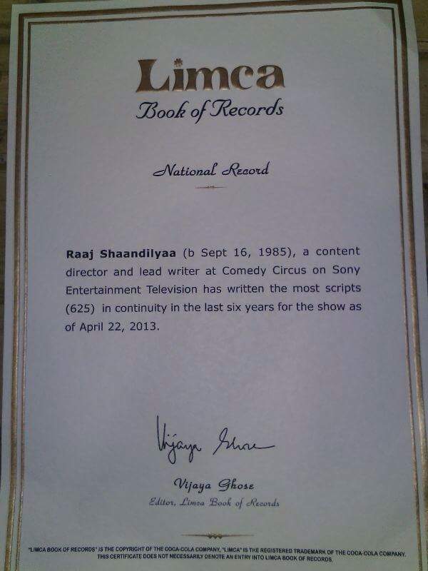 Certificate of Raaj Shaandilyaa's record mentioned in the Limca Book of Records