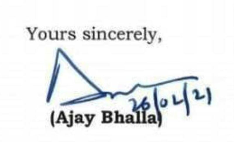 Home secretary Ajay Kumar Bhalla's signature