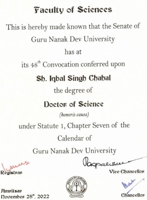 Iqbal Singh Chahal's Doctor of Science (Honoris Causa) given by Guru Nanak Dev University