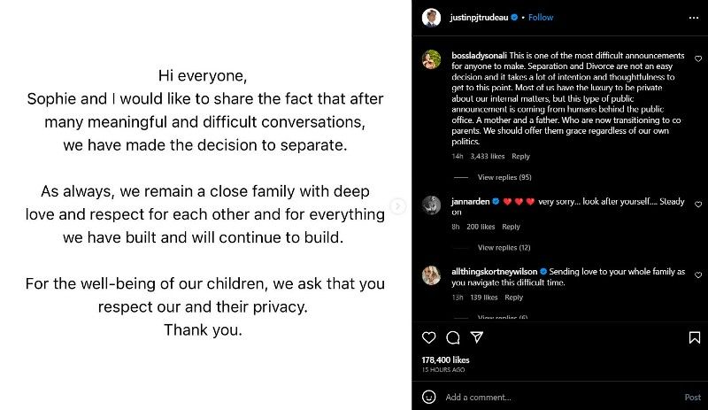 Justin Trudeau's Instagram post about his separation from Sophie in August 2023